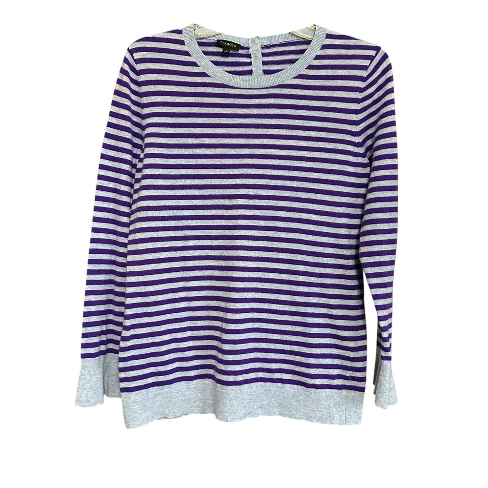 Talbots Striped Lambswool Blend Sweater Sz S Purple Blue Button Back Long Sleeve